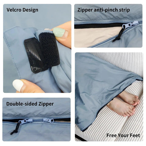 Close-up of features of an ultralight backpacking sleeping bag for 50 to 70 F weather, with velcro, anti-pinch zipper, and feet opening.