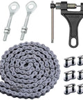 Heavy Duty 420 Motorcycle Chain With 132 Links Plus Chain Breaker And 0.4 Inch Axle Adjuster For 110cc 125cc Dirt Pit Bike ATV Quad Go Kart Mini Bike Scooter, showing chain, adjusters, and breaker tool.