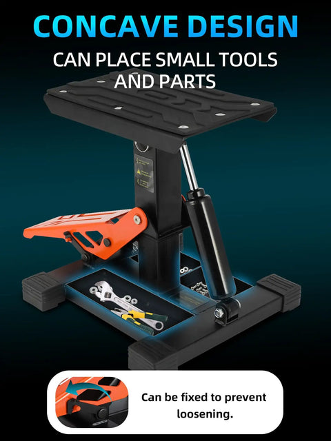 Heavy Duty Dirt Bike Stand With Tool Trays, 660 Lb Capacity, hydraulic lift, adjustable height, concave design, tools visible