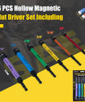 Colorful display of 6 PCS Hollow Magnetic Nut Driver Set with sizes, showcasing Pro Grade Cr V Steel for tight spaces.