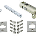 Latch and screws from Craftsman Plate Round Clear Crystal Glass Privacy Door Knob Set In Satin Nickel Finish With Old School Vibe, 2 3/8 Inch Backset