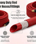 Heavy Duty 3/8 Inch By 50 Ft Hybrid Air Compressor Hose With 300 Psi Max Pressure And Solid Brass Fittings, red layers and fittings shown.