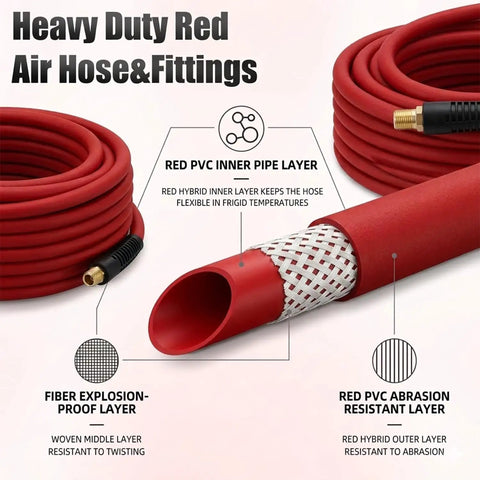 Heavy Duty 3/8 Inch By 50 Ft Hybrid Air Compressor Hose With 300 Psi Max Pressure And Solid Brass Fittings, red layers and fittings shown.