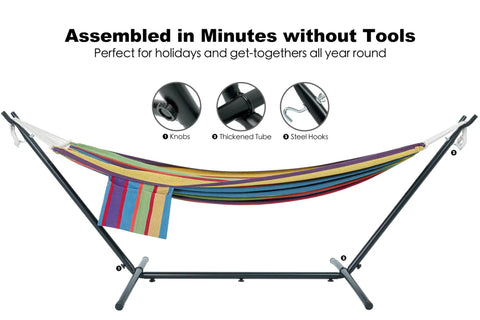 Colorful striped double hammock with stand for outdoor use upgraded spreader bar heavy duty space saving steel stand for two people