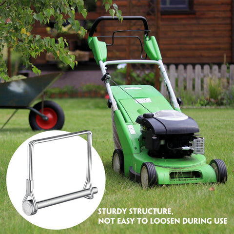 Beefy 60 Piece Set Of Safety Locking Pins, 0.25 Inch Diameter And 2.75 Inch Long with green lawn mower and pin close-up