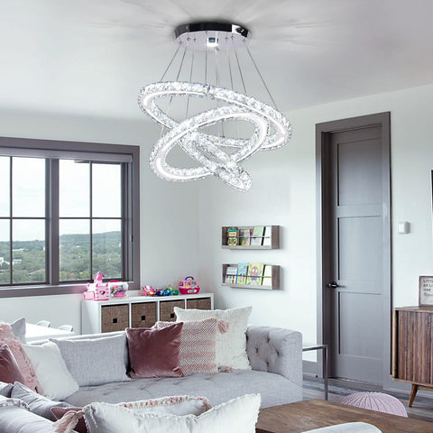 Modern LED Crystal Ring Chandelier Pendant Light With Three Rings, Adjustable Hanging Height 12 To 48 Inches in living room