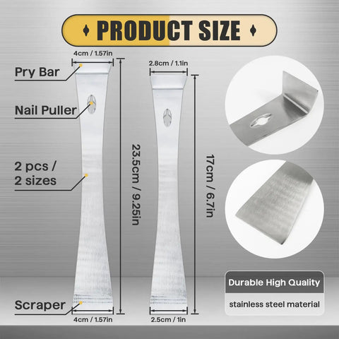 Two Piece Stainless Steel Pry Bar Scraper Set With Nine Point Two Five Inch And Six Point Seven Inch Sizes Beekeeping Hive Scraper Durable Trim Removal And Nail Pulling Hand Tools For DIY Pros