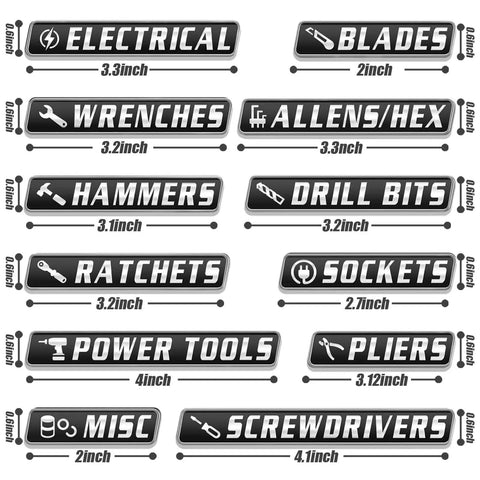 12 Pack Magnetic Toolbox Labels Set With 3D Embossed Metal Tags For Pro-Grade Tool Chest Organization, waterproof reusable