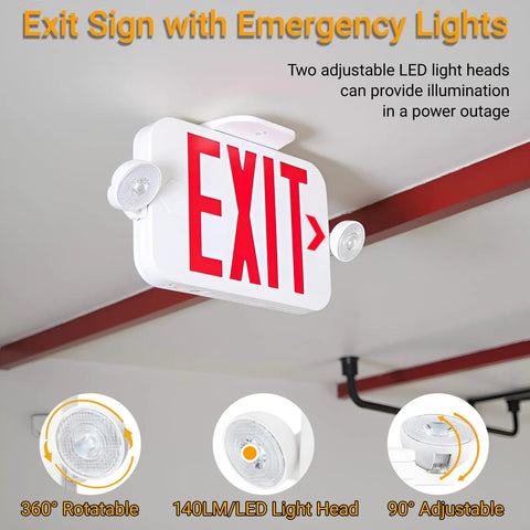 Smooth Running Exit Sign And Emergency Light Featuring Rock Solid Battery Backup Lasts Ninety Minutes Through Power Drops Dual Adjustable Led Heads Handle Any Room Or Shop Universal Wire In Two Pack Built Tough with two LED heads