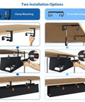 Installation options for No Drill Under Desk Cable Management Tray 30 Inch Cord Organizer with clamp or screw mount system.