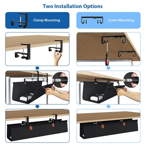 Installation options for No Drill Under Desk Cable Management Tray 30 Inch Cord Organizer with clamp or screw mount system.