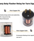 Close-up view of 2 Pack 12V Heavy Duty Turn Signal Relay Two Prong Round Automotive Flasher showing copper coil and pins.