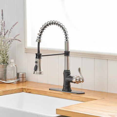 Dual Finish Kitchen Faucet In Black And Brushed Nickel With Pull Down Sprayer And Three Spray Modes Single Handle High Arc Commercial Style For Kitchen Sink Deck Plate Included Lead Free Solid Brass