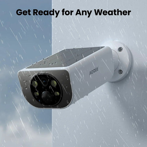 Side view of a weatherproof Solar Powered Outdoor Security Camera With 2K Video, No Wires, AI Motion Detection And Siren, mounted on a wall