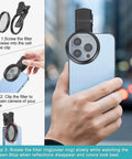 Demonstration of the 52mm Clip-On Circular Polarizer Filter for iPhone, attached to a phone, showing how to adjust filter alignment.