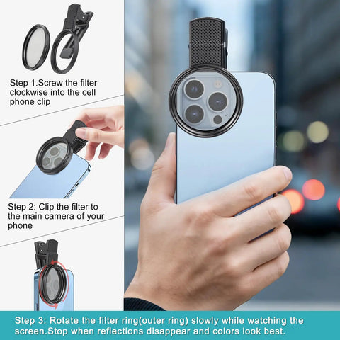 Demonstration of the 52mm Clip-On Circular Polarizer Filter for iPhone, attached to a phone, showing how to adjust filter alignment.
