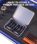 Seven Piece Clutch Impact Socket Adapters And Magnetic Bit Holder Set With Quarter Inch Hex Shank Adapts To Half Third Eighth Drives For Power Drill And Includes Sweet Storage Rack in compact case.