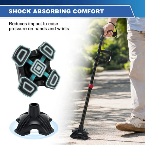 Heavy Duty Quad Cane Tip Replacement For 3/4 Inch Shafts showing shock-absorbing rubber base for stability on outdoor surfaces.