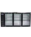 Heavy Duty 72 Inch Commercial Beverage Cooler With Three Double Pane Glass Doors And Slick Black Finish for under bar setup.