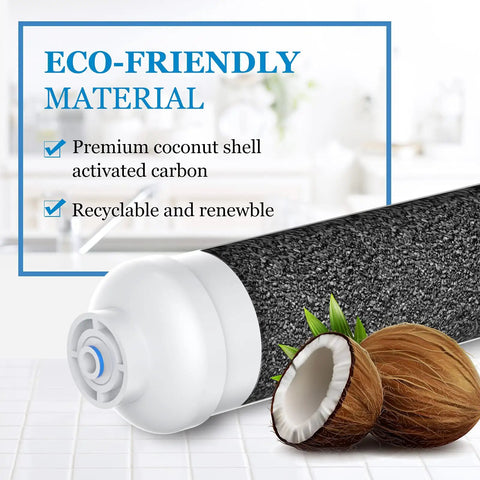 Inline Water Filter For Ice Makers And Refrigerators Post Activated Carbon Replacement Cartridge with coconut shell graphic
