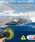 Go Fast RC Boat For Pool And Lake With 2.4GHz Remote Control Water Cooling System Adult Friendly Electric Boat 120 Meter Control Range Dual Rechargeable Batteries Included For Nonstop Fun And Serious Speed Runs displayed on water with remote control.