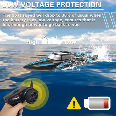 Go Fast RC Boat For Pool And Lake With 2.4GHz Remote Control Water Cooling System Adult Friendly Electric Boat 120 Meter Control Range Dual Rechargeable Batteries Included For Nonstop Fun And Serious Speed Runs displayed on water with remote control.