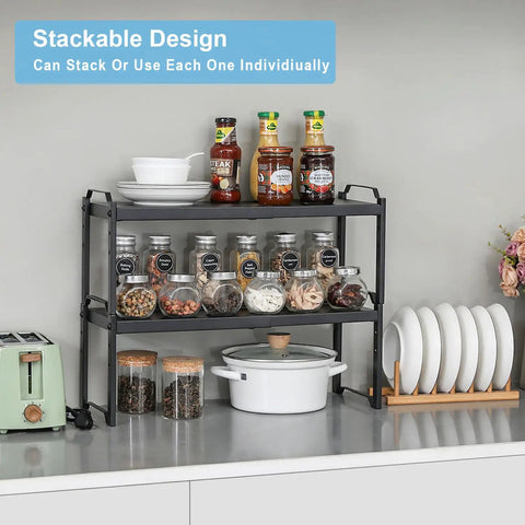 Built Tough Expandable Cabinet Shelf Organizer Set Featuring Adjustable Countertop Storage Rack To Knock Out Clutter And Keep Your Kitchen Stuff Locked In with jars and dishes stacked.