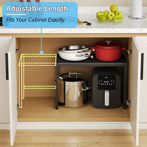 Expandable 110 Lbs Heavy Duty Metal Shelving Unit For Pots N Pans, Microwave and small appliances installed in a kitchen cabinet