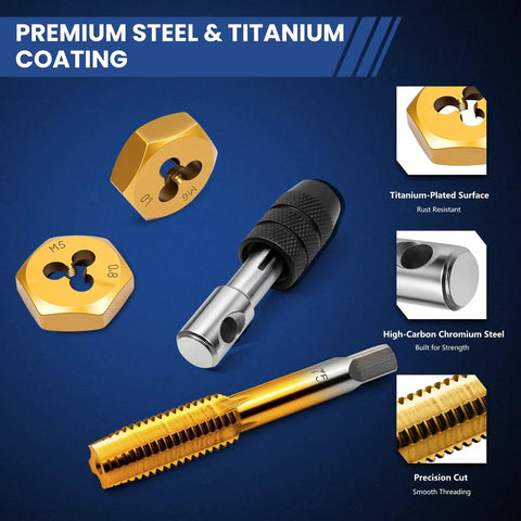 Titanium-Coated Tap And Die Set 86-Piece Pro Grade Threading Kit With SAE And Metric Sizes, HSS Cutting And Rethreading tools