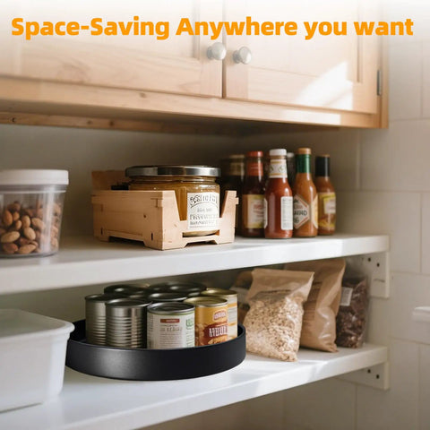 Heavy Duty 12 Inch Metal Lazy Susan Organizer With 360 Degree Spin Anti Rust Turntable on kitchen shelf holding spice jars