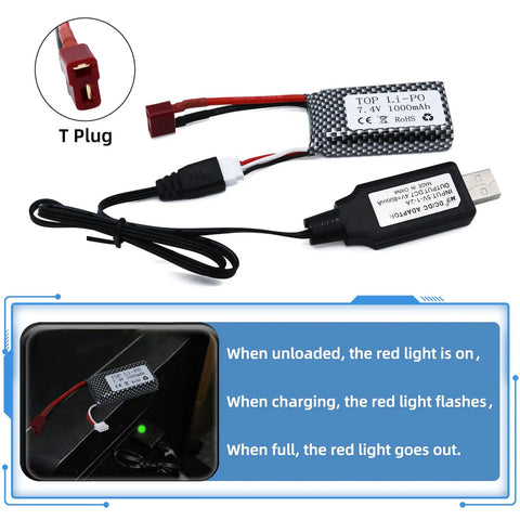 7.4V 1000mAh Li Ion Battery Pack For RC Trucks And Cars with USB charger and T plug