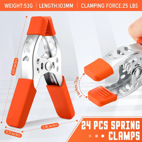 Beefy 24 Pack 4 Inch Metal Spring Clamps With 1.5 Inch Jaw Opening, orange grips for woodworking, photography, DIY projects