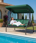 3-Person Outdoor Porch Swing Bed with Stand and Adjustable Canopy for Adults by a Pool, Green Daybed Swing, Cozy Patio Setup