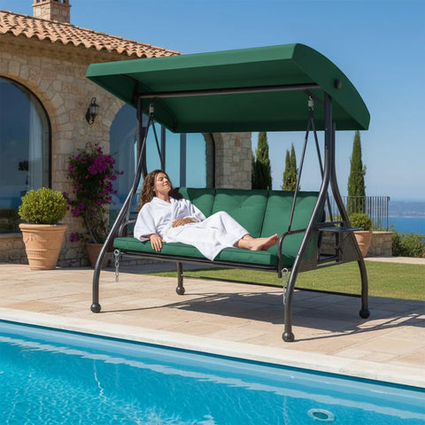 3-Person Outdoor Porch Swing Bed with Stand and Adjustable Canopy for Adults by a Pool, Green Daybed Swing, Cozy Patio Setup