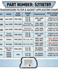 Drop-In Transmission Filter Kit For 14-Bolt RE Auto Transmissions, Includes Internal Pan Filter, Outer Perimeter Seal Gasket, And All-In-One Maintenance Components For Jeep And Dodge Compatibility. Transmission filter and gasket chart with 14-bolt pan filter and seal gasket