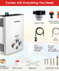 Outdoor Propane Tankless Water Heater 1.6 GPM Portable Gas Water Heater with accessories, wrench, hose, and connectors.