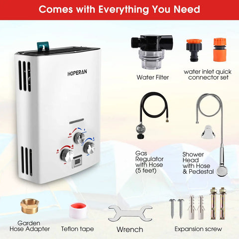 Outdoor Propane Tankless Water Heater 1.6 GPM Portable Gas Water Heater with accessories, wrench, hose, and connectors.