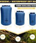 Three Pack Waterproof Dry Bags Set 5L 10L 20L Lightweight Airtight Floating Gear Organizer For Kayaking Beach Travel Boating And Hiking Blue Ripstop Nylon Adventure Ready shown in three sizes against forest backdrop.