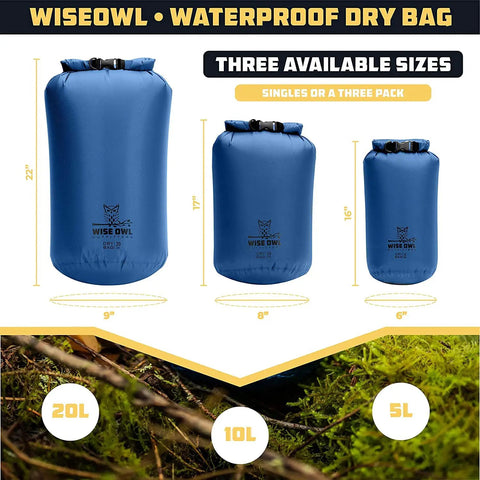 Three Pack Waterproof Dry Bags Set 5L 10L 20L Lightweight Airtight Floating Gear Organizer For Kayaking Beach Travel Boating And Hiking Blue Ripstop Nylon Adventure Ready shown in three sizes against forest backdrop.