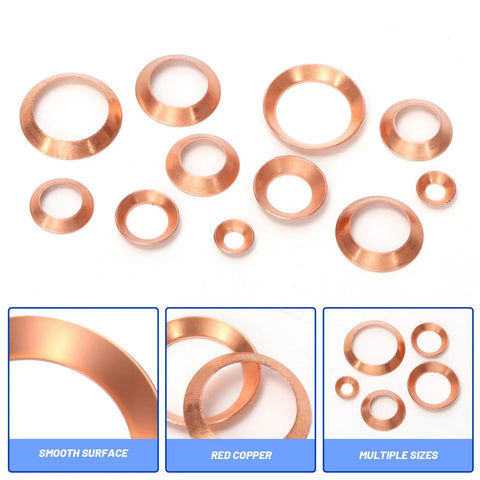 Copper Flare Gasket Kit 30 Pack For 5/8 Inch Tubing With 45 Degree Copper Flare Fittings Brass Flared Gaskets shown in various sizes