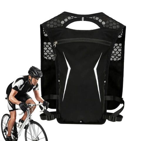 Cyclist wearing running hydration backpack with built in water reservoir vest for outdoor fitness, close-up of breathable mesh design.