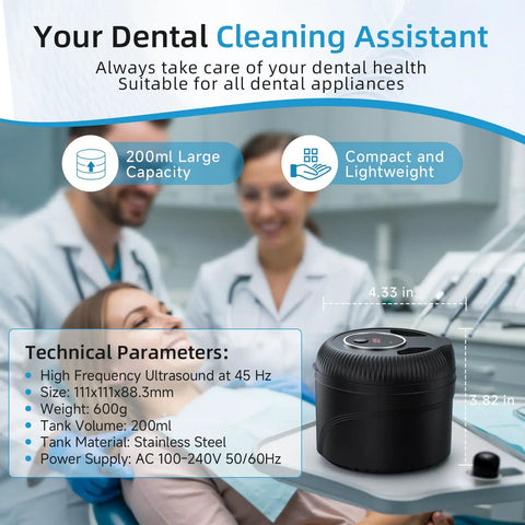 Premium Ultrasonic Retainer Cleaner Machine, 45KHz Dental Pod on a table showing 200ml capacity and sleek black design.