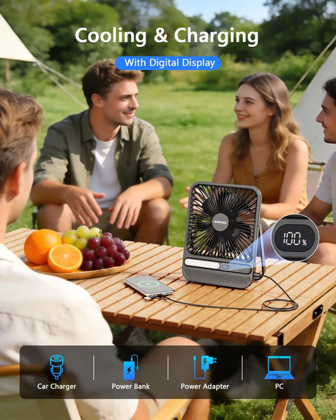 7 Inch Portable Desk Fan With 10000mAh Battery USB Rechargeable LED Light Display And Timer 4 Speed Settings on picnic table