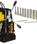 Heavy Duty Magnetic Drill Press Equipped With 13 Piece Annular Cutter Kit showcasing the motor and cutting tools.