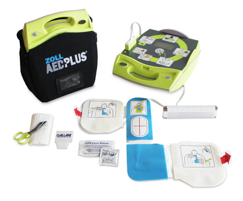 Zoll AED Plus defibrillator kit: lime-green unit, black carrying case labeled Zoll AED Plus, plus pads and accessories.