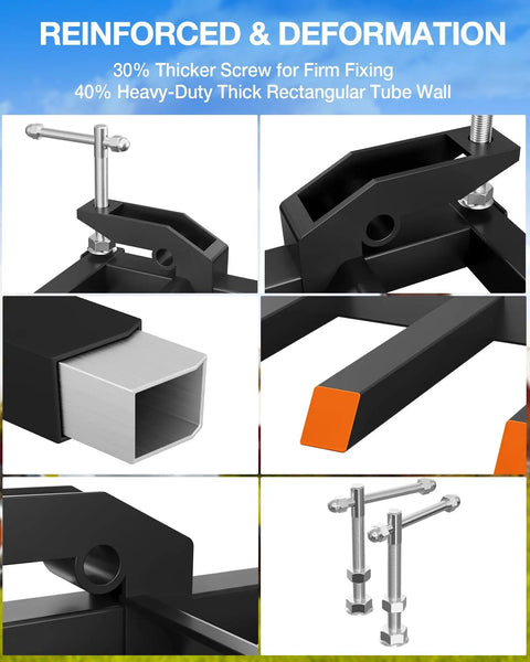 Close-up of heavy-duty details on Clamp On Debris Forks For 48 Inch Bucket With 5 Fork Tines And Stabilizer Bar attachments