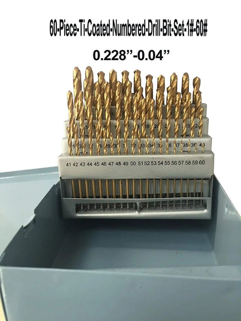 60 Piece Titanium Nitride Coated Drill Bit Set With Indexed Case High Speed Steel Sizes 1 Through 60 From 0.228 In To 0.040 In