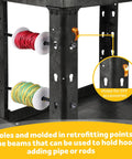 Detailed view of Heavy Duty Plastic Utility Cart 34 By 17 Inches with retrotfitting points and wire holders on shelves.