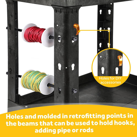 Detailed view of Heavy Duty Plastic Utility Cart 34 By 17 Inches with retrotfitting points and wire holders on shelves.
