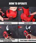 Beastly 700W Brushless Electric Pruning Shears With 2.75 Inch Cutting Diameter operation steps image with battery installation